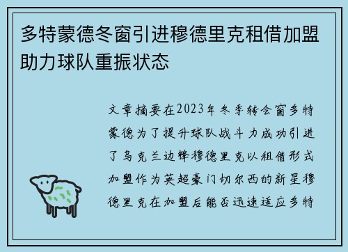 多特蒙德冬窗引进穆德里克租借加盟助力球队重振状态